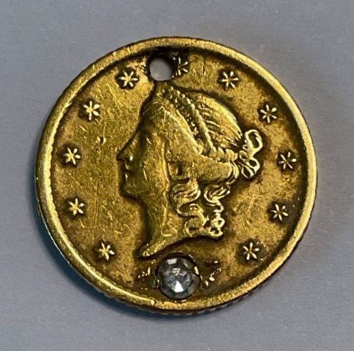 1851 US $1 Liberty Head Gold Coin, with Hole and Diamond, 1.6 grams, 90% Gold