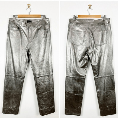Massimo Dutti Metallic Leather Pants High Waist Straight Leg Silver Size L NWT