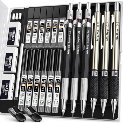 Nicpro 6-Piece Mechanical Pencil Set with Graphite Lead Holders and Refills