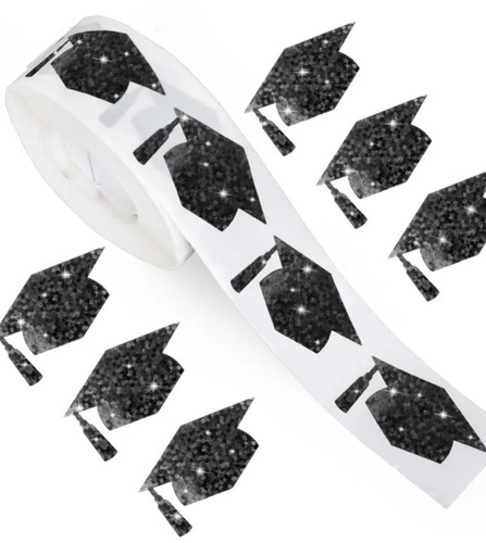 500 Stück Aufkleber Siegel Rolle Happy Graduation 🎓 Celebrate Black Foil Design NEU - Bild 2 von 5
