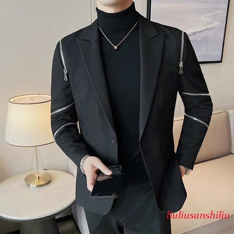 Men Zip Design Suit Coat Blazer Peak Lapel Dress Casual Jacket Top Formal Suit