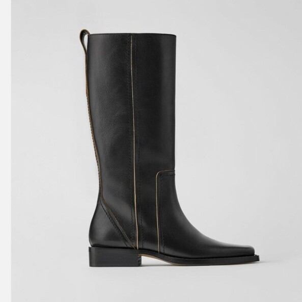 $219 NWT ZARA Black Leather Knee High Riding Boots Square Toe US9 EU40