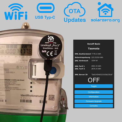 SolarZero Wi-Fi / USB IR Lesekopf Tasmota Volkszähler SmartMeter Hichi WiFi TTL