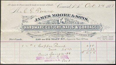 1883 BILLHEAD~JAMES MOORE & SONS, CONCORD, NH. CUTLERY, NAILS & CORDAGE