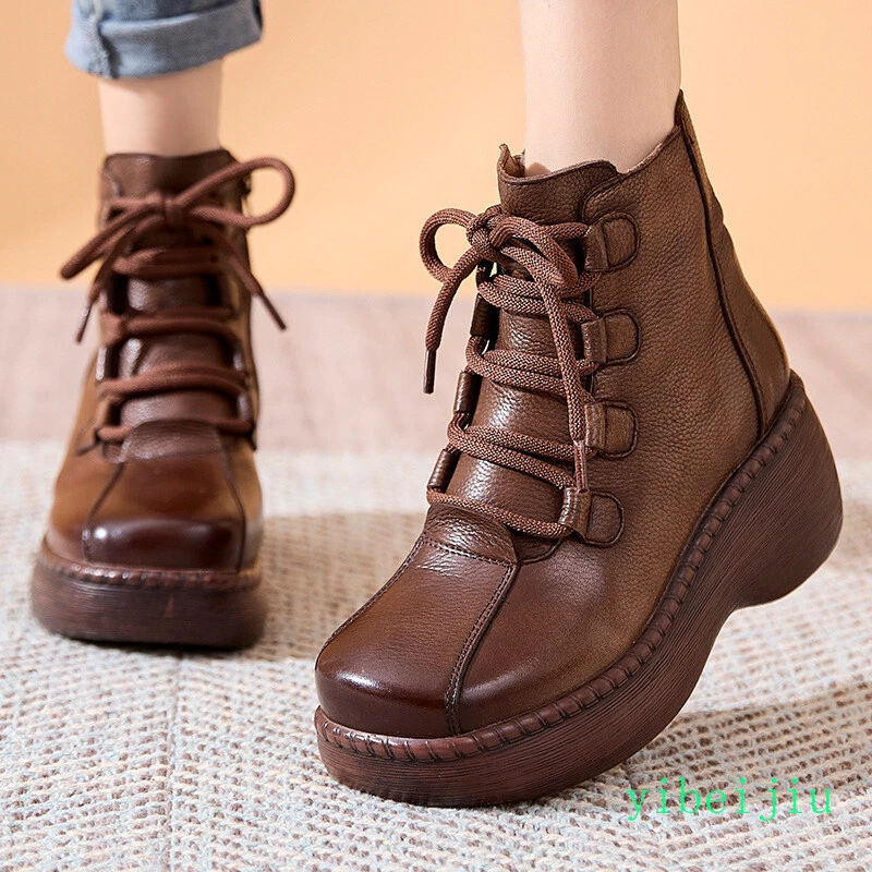 Women's Mid Wedge Heel Platform Ankle Boots Lace Up Real Leather Shoes Wide Foot - Image 2 of 4