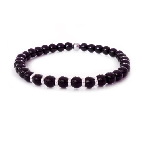 Bracciale con Perle 6mm Nero e Acciaio braccialetto argento Elastico Uomo Donna - Immagine 2 di 2