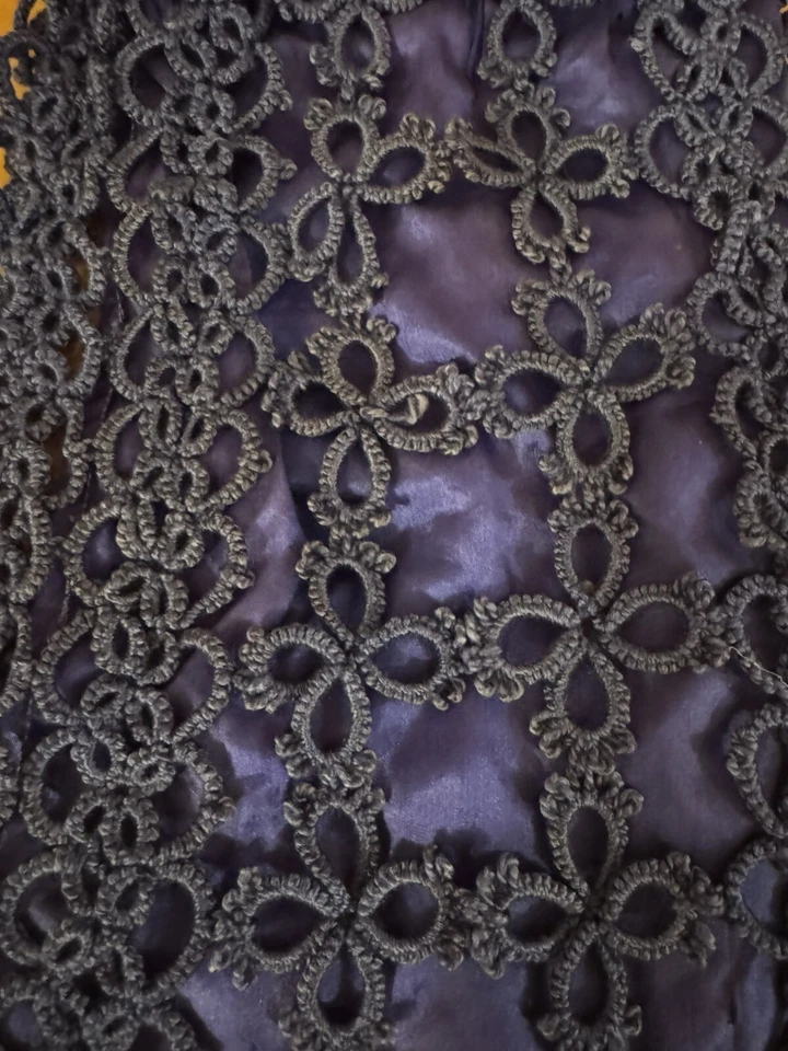 Cartera Retícula Crochet Azul Marino Eduardiana Cordón RARO FORRO DE SEDA ORIGINAL 1900s Foto 2 de 4