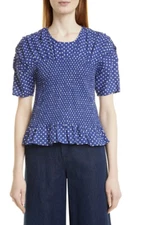 NWT Baum und Pferdgarten Mynowa Polka Dot Smocked Size 8 Peplum Top Cotton Blue