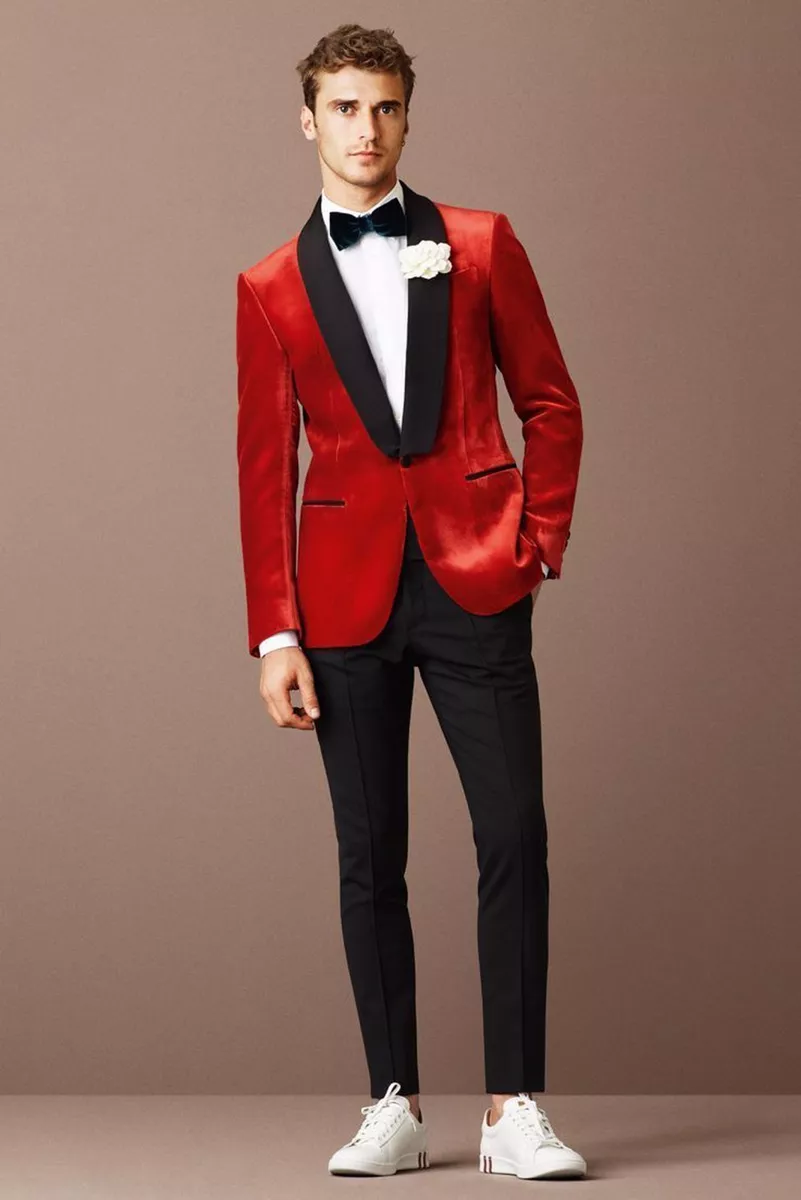 Men Red Velvet Coat Jacket Blazer Fashion Designer Grooms Wedding Tuxedo Casual
