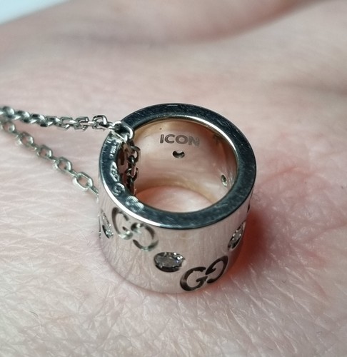GUCCI 18CT WHITE GOLD DIAMOND ICON TWIRL GG LOGO MONOGRAM BARREL ROUND NECKLACE - 第 7/21 張圖片