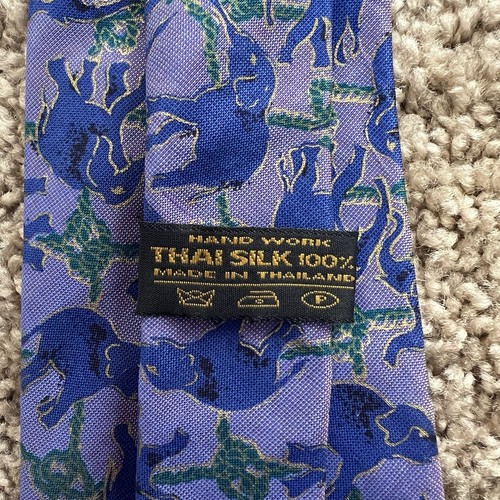 Elephant Tie Purple 55in 100% Thai Silk Festive Elephants Vintage Tie