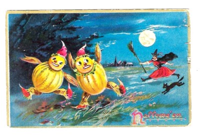 1908 Tucks #150 Halloween Postcard Fantasy Run Away Pumkins, Witch/Cat