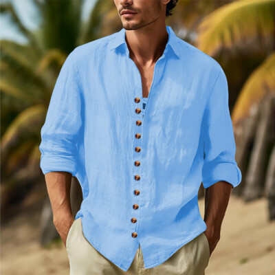 Men's Solid Shirt Casual Cotton Linen Shirts Long Sleeve Button Down Tops Blouse