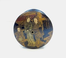 ANTIQUE JAPANESE PAPIER MACHE GOLD ON BLACK LACQUER THREAD STRING DISPENSER BOX