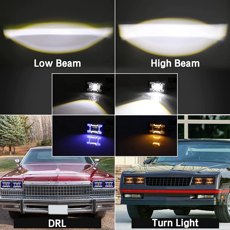 For Ford Mustang 1979-1986 DOT 4pcs 4x6" LED Headlights Hi/Lo Beam With Turn DRL - Image 4 of 4