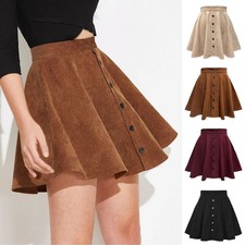 Summer Women Corduroy Single Breasted Button High Elastic Waist A-Line Loose Ski