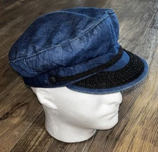 Vintage Denim Braided Fishermans Cap Hat Mariners Sailor Newsboy Poorboy Blue