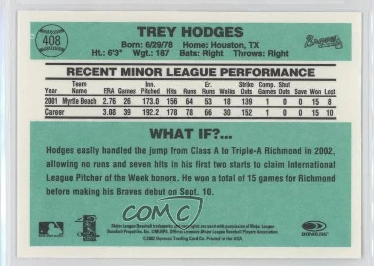 2002 Donruss Originals Trey Hodges #408 Rookie RC - Image 2 of 2
