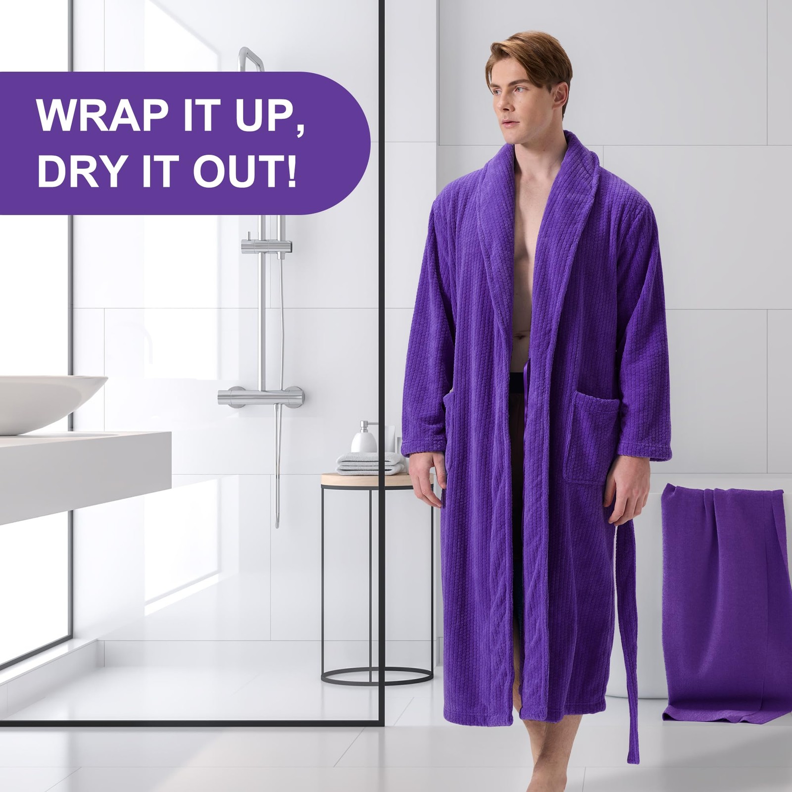 Mens Shawl Collar Bathrobe Soft Long Towel Robe Super Absorbent Quick Dry image 5