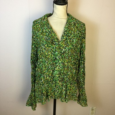 Notations Blouse Top Size L Womans Green V-neck Ruffle Sequins Wrinkle Vtg Y2K