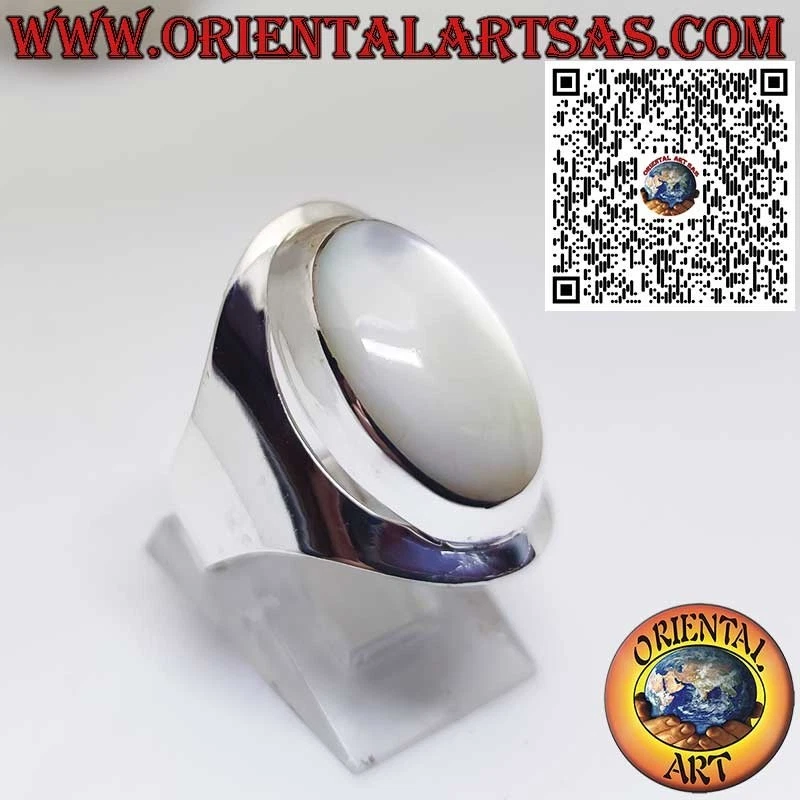 Anello in Argento 925‰ a Fascia Larga con Madreperla Ovale Cabochon - Immagine 3 di 4