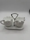 Vintage MCM Fenton Milk Glass Hobnail Sugar + Creamer + Tray