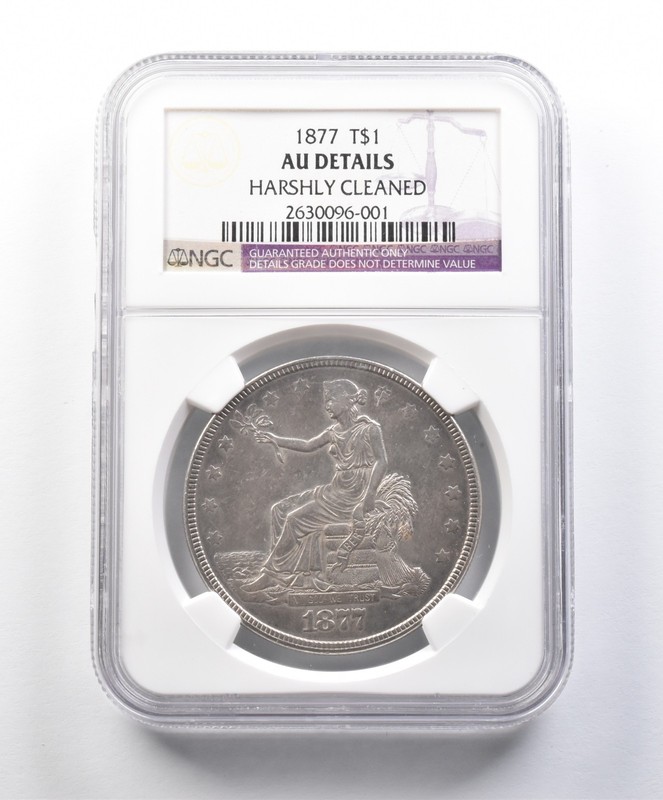 1877 Seated Liberty Trade Silver Dollar AU Details Harshly Cleaned NGC a5437