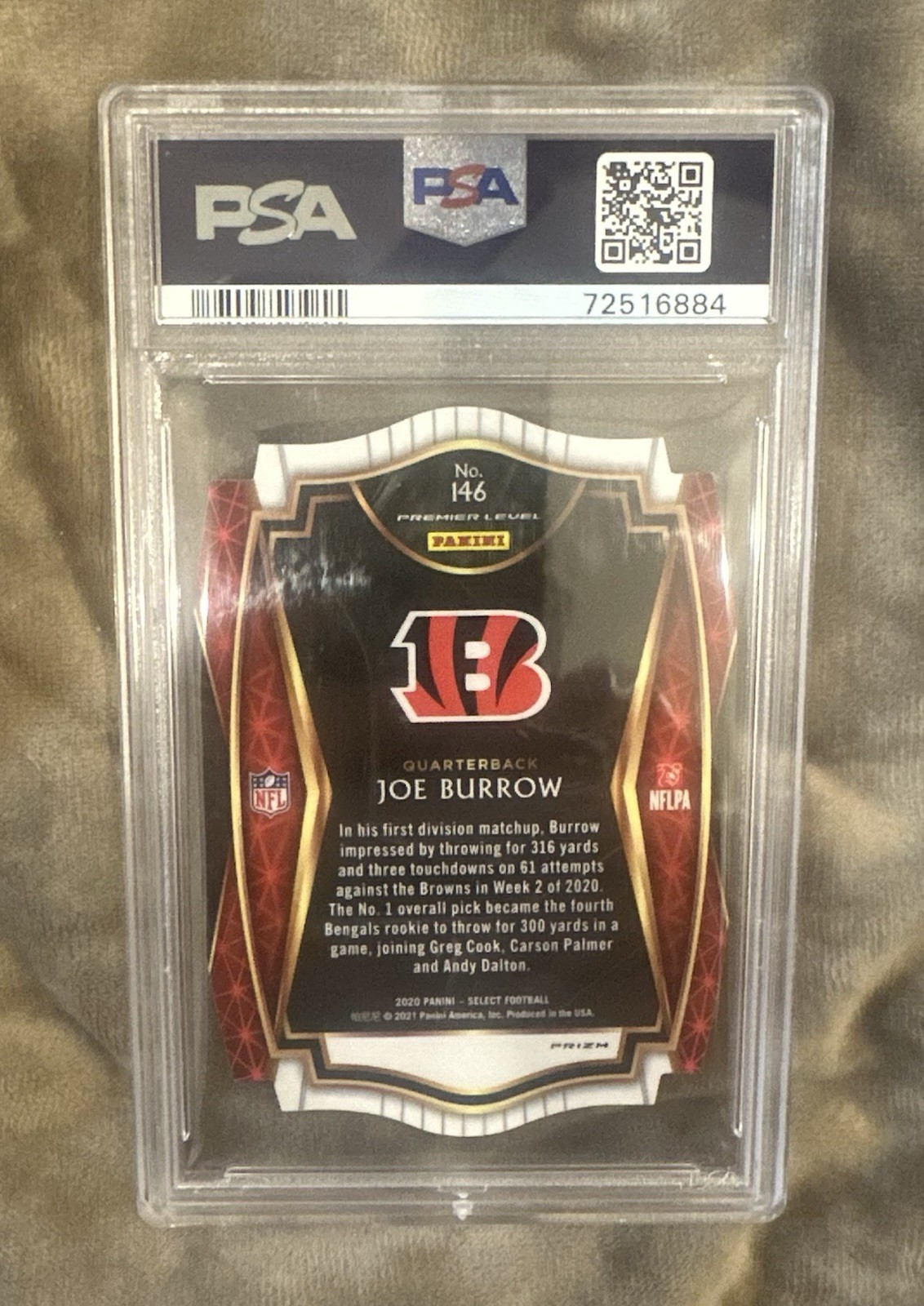 2020 Panini Select - Premier Level Joe Burrow #146 Orange Prizm Die-Cut (RC) view 2