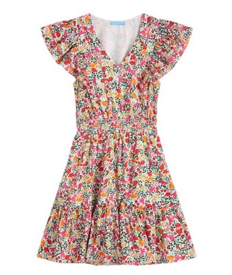 Draper James Gabby Mini Dress S Short Sleeve Ruffle Smocked Red Pink Coneflower