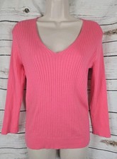 J McLaughlin Pink Ribbed Knit Sweater M Pullover V-neck Womens Preppy Cotton