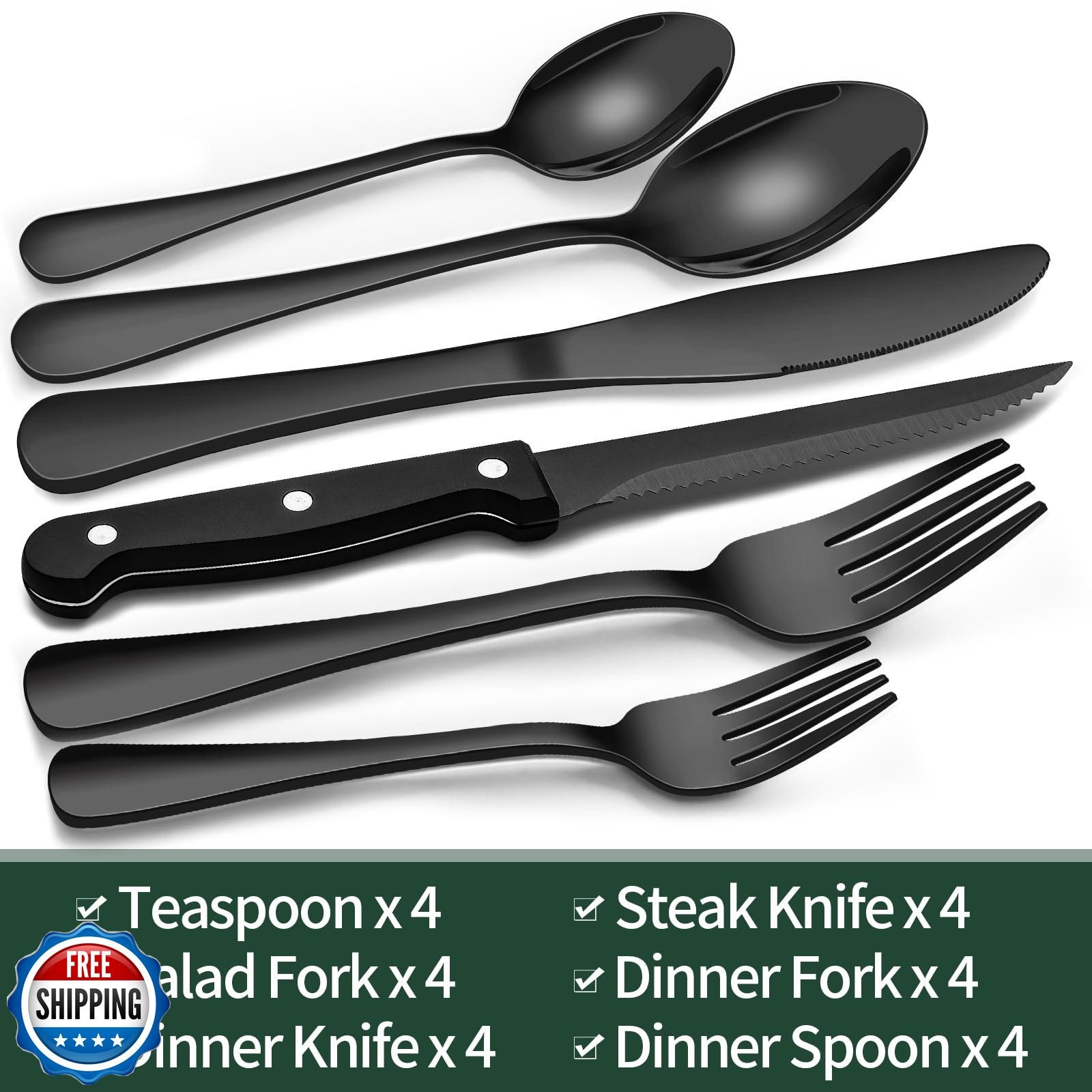 EWFEN 24-Piece Silverware Set with Steak Knives, Food-Grade Stain