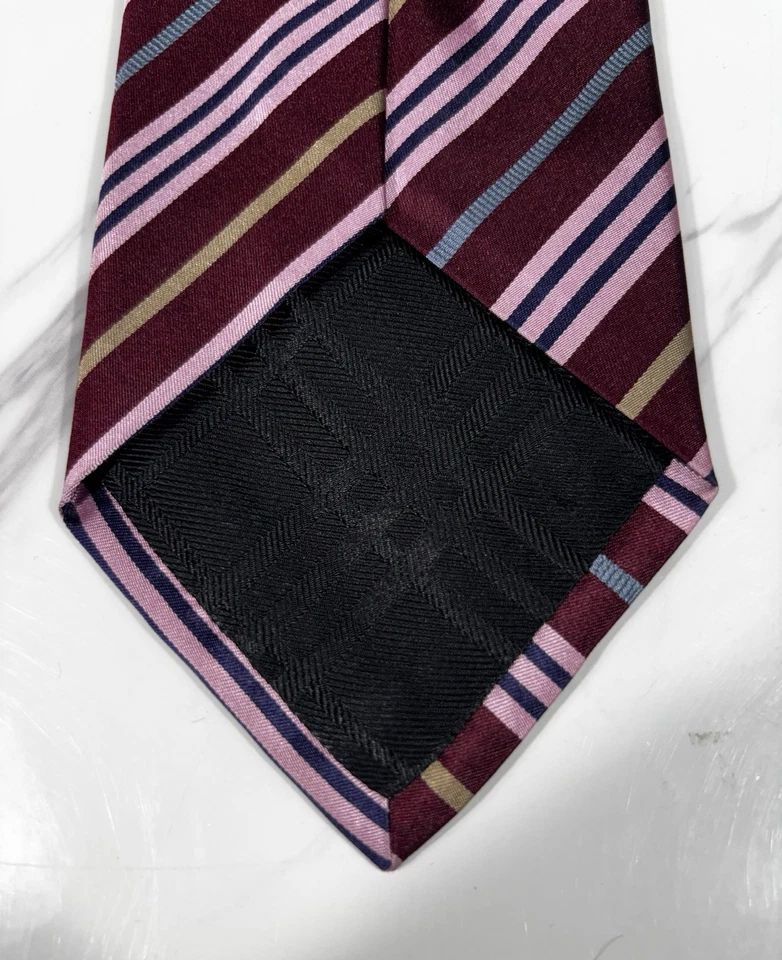 Corbata Burberry Rosa Rojo Azul Oro Rayas 100% Seda Hecha en Italia 3.5" 57L Foto 3 de 4