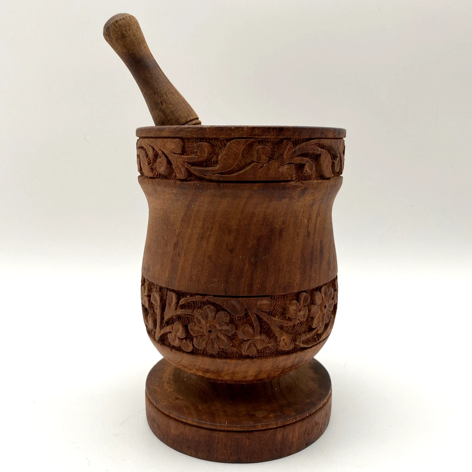 Vintage Hand Crafted Flower Design Wooden Mortar & Pestle Made In India