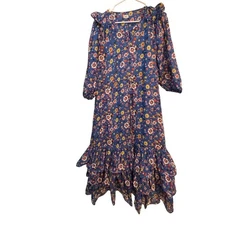 Warm NY Leila Dress Women 2 Blue Floral Print Midi Boho Cottagecore Peasant