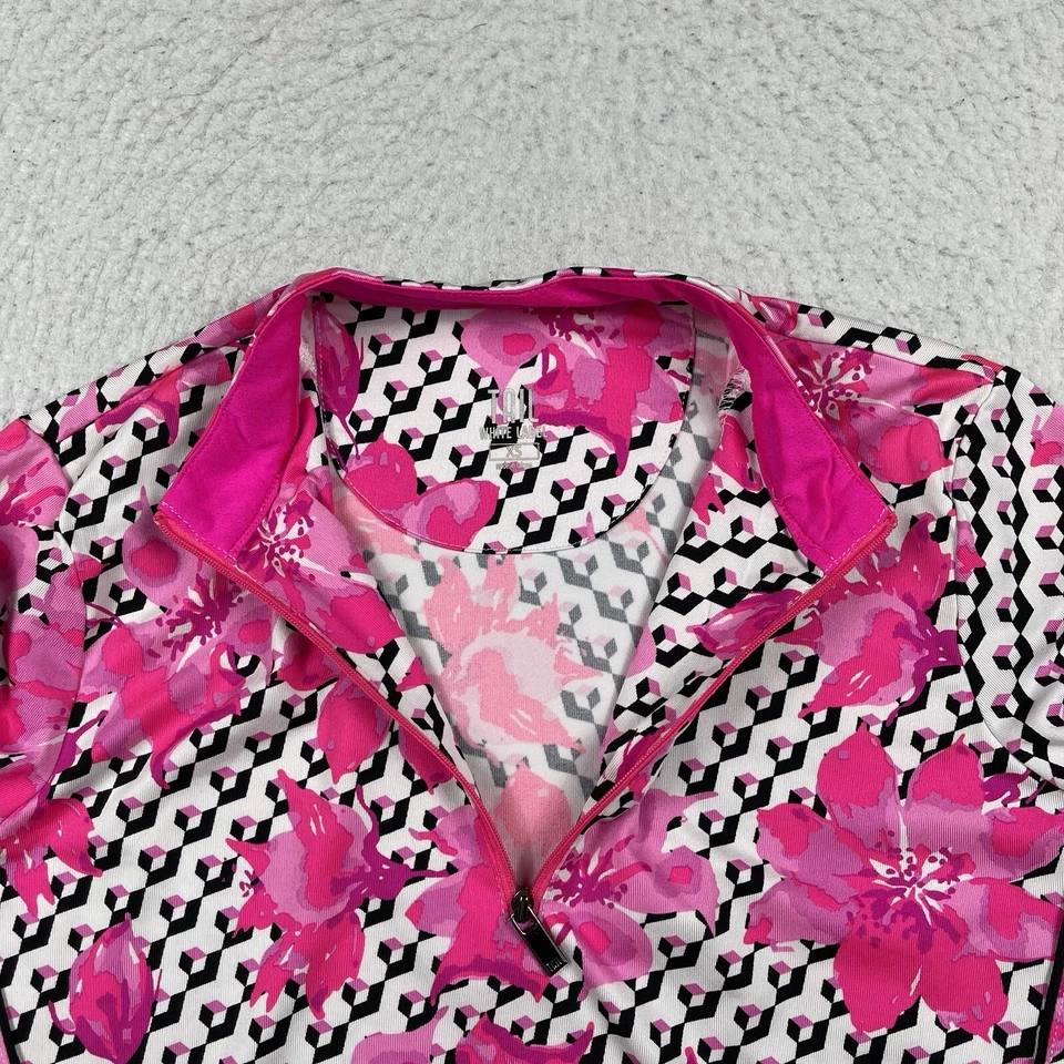 Pulôver feminino cauda etiqueta branca XS flores rosa 1/4 zíper golfe desempenho top - Imagem 3 de 4