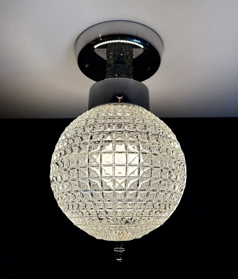 Vintage 1950s 60s Mid Century Modern Chrome Ceiling Light Fixture MCM Round Orb - Image 2 of 4