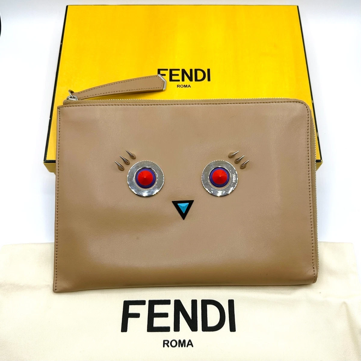 Fendi Women Monster Studded Beige Leather Pouch Clutch eBay