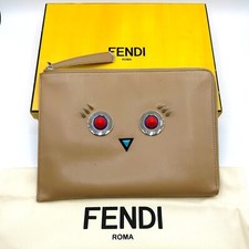 Fendi Women Monster Studded Beige Leather Pouch Clutch