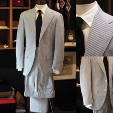 Business Spring Men's Grey Striped Suit Wedding Notch Lapel Single Breasted New