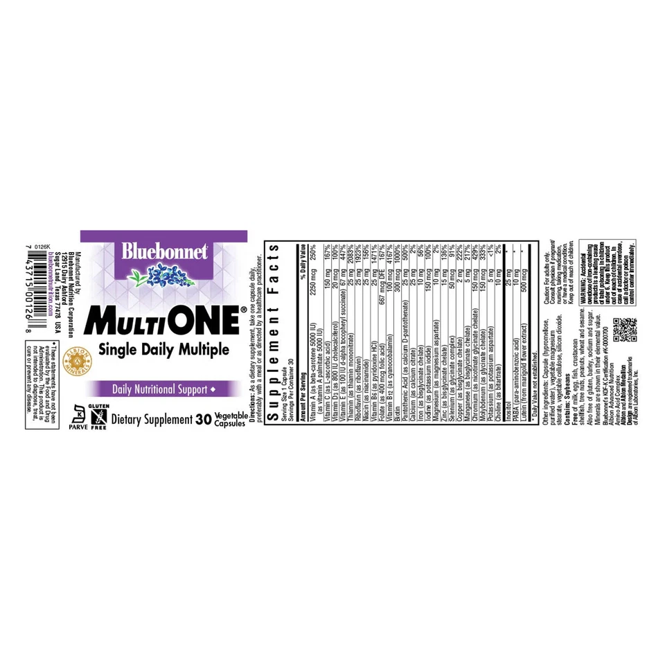 Bluebonnet Multi One (con hierro) 30 cápsulas vegetales, apoyo nutricional diario Foto 2 de 4