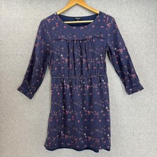 Madewell Womens Size 4 Silk Dress Navy Blue Pink Bird Print 3/4 Sleeve Pockets