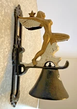 VTG IRON WALL MOUNT DINNER BELL WINGED NUDE SIREN on WAVES HEAVY- no clapper