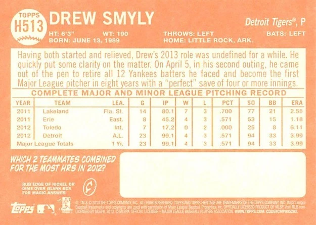 Drew Smyly H513 2013 Topps Heritage High Number - Image 2 of 2
