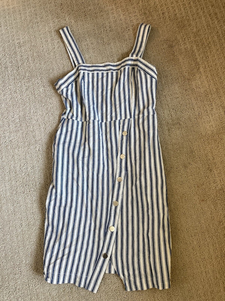 Sharagano Linen Blend Dress Coastal Casual 6P Blue Ivory Striped Sleeveless