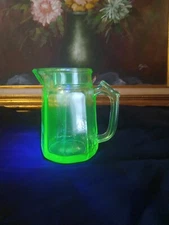 Vintage Green Vaseline/Uranium Glass Syrup Or Cream Pitcher 4" Tall 