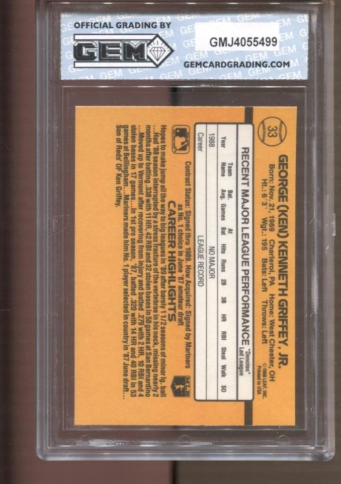 1989 Ken Griffey Jr Donruss #33 Gem Mint 10 RC Rookie Mariners Reds - Image 2 of 2