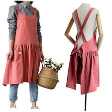 Cotton Linen Cross Back Apron for Women 13 - Grapefruit Red With Waist Ties