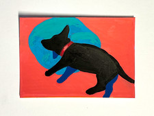 ACEO art card original acrylic painting of black puppy in repose 2.5in x 3.5in