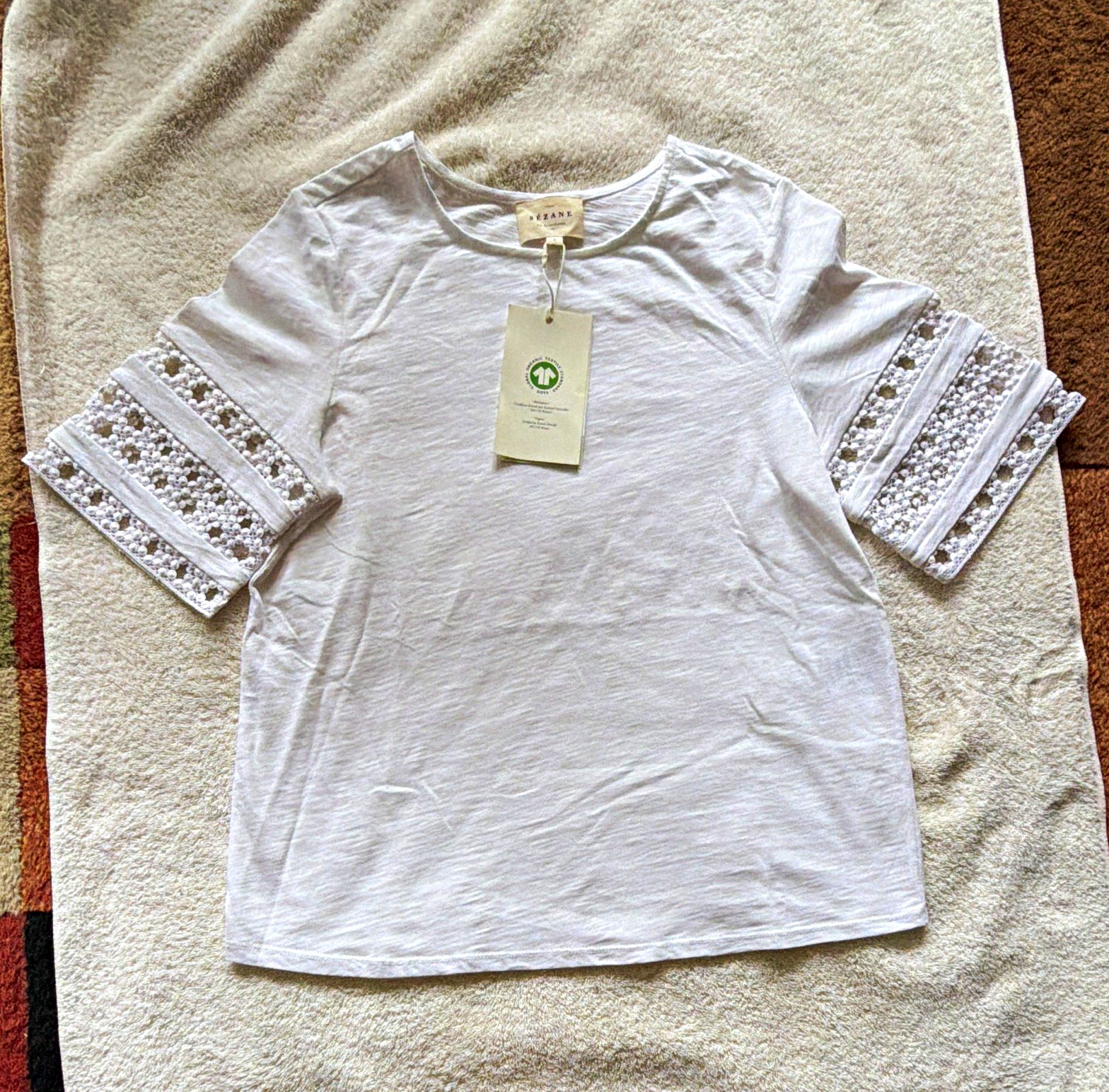 Sézane Women’s White Lace Sleeve T-Shirt Size S S25ITSH017E