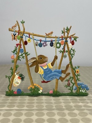 Wilhelm Schweizer Pewter Easter Bunny On Wooden Swing Hand Painted Germany 2013